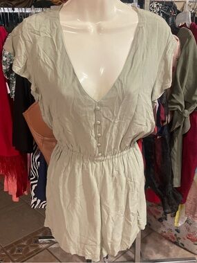 Light Sage Button-Front V-Neck Romper